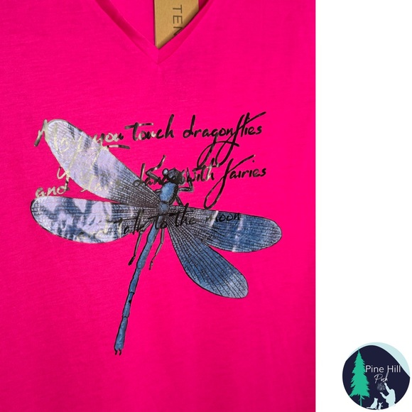 NEW Tendency Dragonfly T-Shirt US Womens XL (tag size Small ) Pink V-neck NWT - Picture 2 of 7
